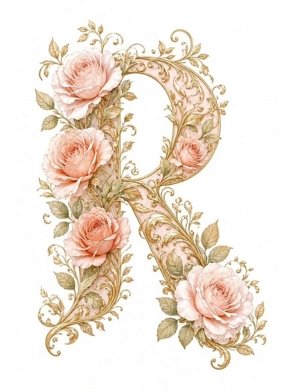 4pcs 10in Floral Letter R Rose Gold Monogram DTF Transfer